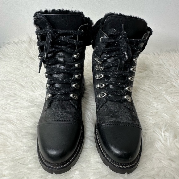 Frye Women’s Samantha Black Leather Canvas Shearling Combat Hiking Boots Size 8 - Picture 3 of 15